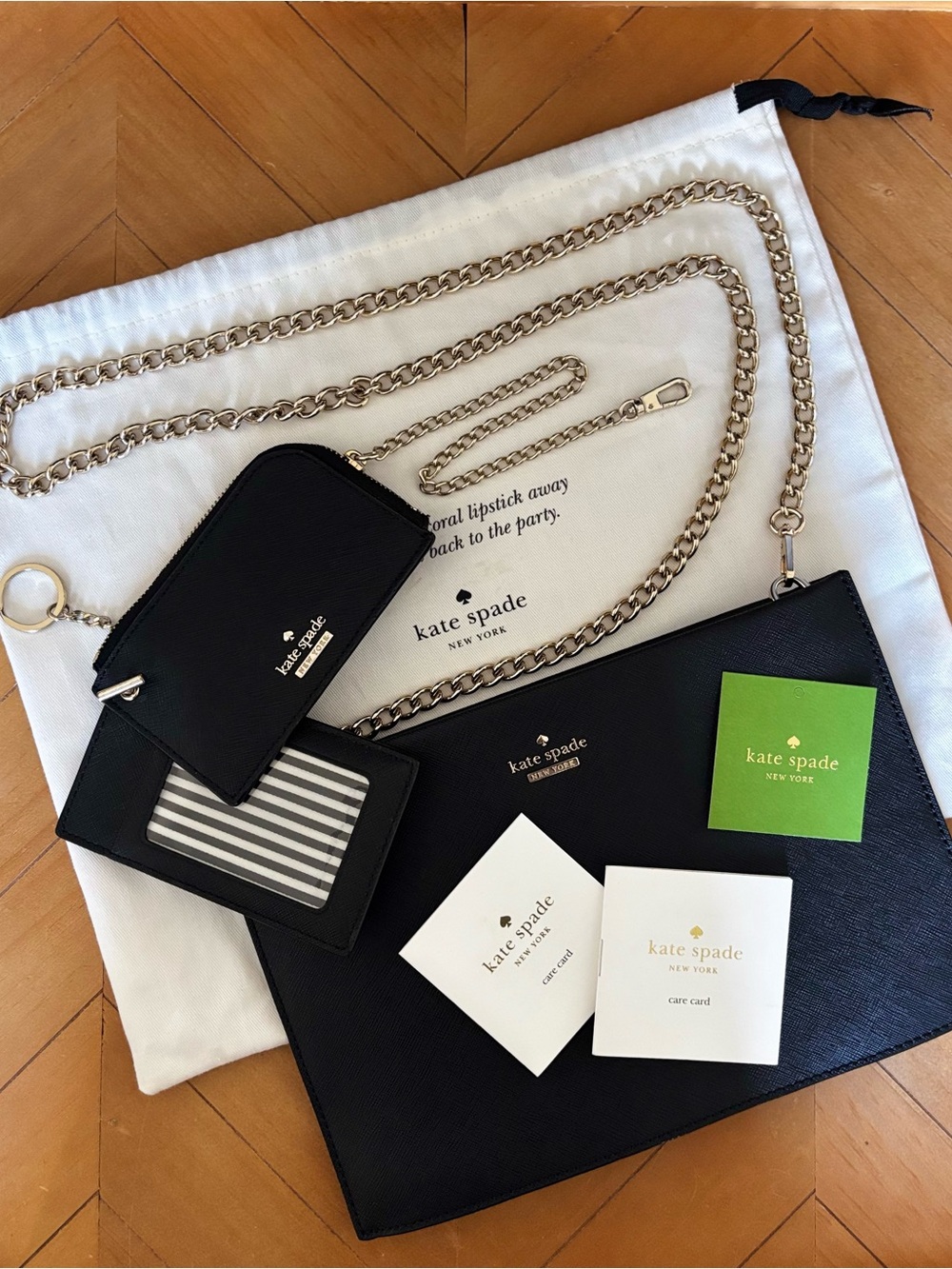 kate spade Black Saffiano Leather Gold Chain Bag with ID Cardholder Keychain